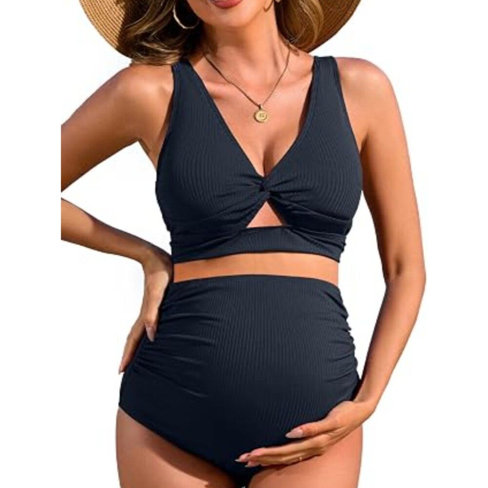 Charmo Maternity Bathing Suit High Waist Bikini Sets Full Coverage Ribbed S